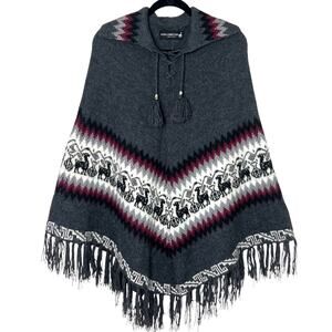 Alpaca Connection Alpaca Wool Poncho Shawl Gray Fringe One Size